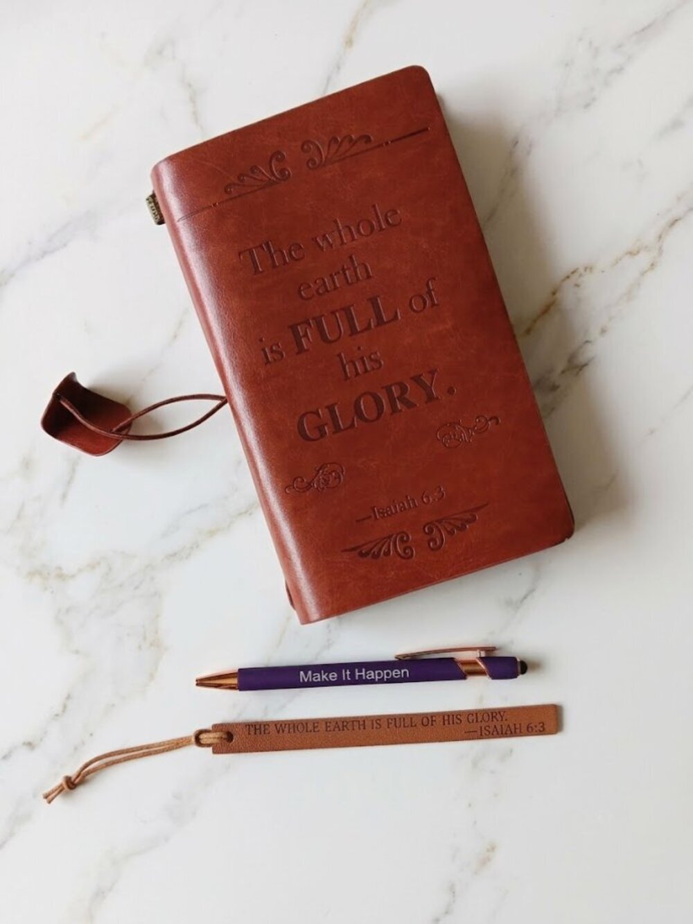 Brown Embossed Leather Journal with Pen Bookmark -Isaiah 6:3 - Picture 2 of 4